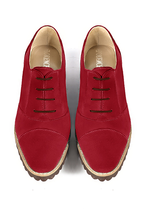 Cardinal red women's casual lace-up shoes. Round toe. Flat rubber soles. Top view - Florence KOOIJMAN